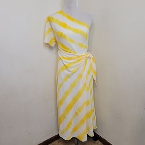 Lauren Ralph Lauren Petite One-Shoulder Yellow White A-Line Casual Dress Size 4P